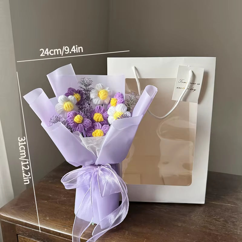 Knitted Flower Bouquet Handmade Crochet Flower Bouquet Mother'S Day Gift Finished Hand-Woven Flower Birthday Valentines Day Gift