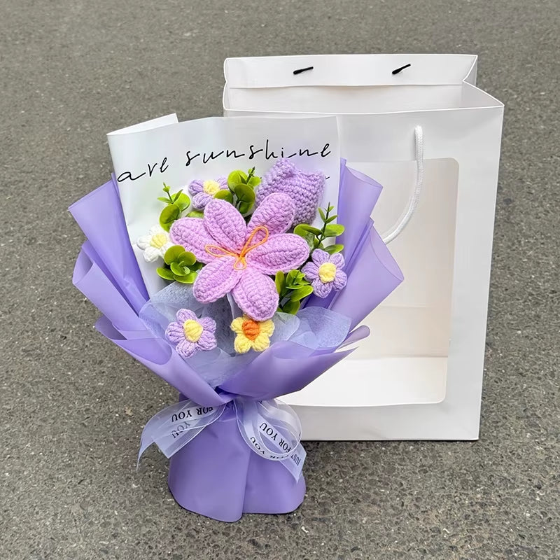 Knitted Flower Bouquet Handmade Crochet Flower Bouquet Mother'S Day Gift Finished Hand-Woven Flower Birthday Valentines Day Gift