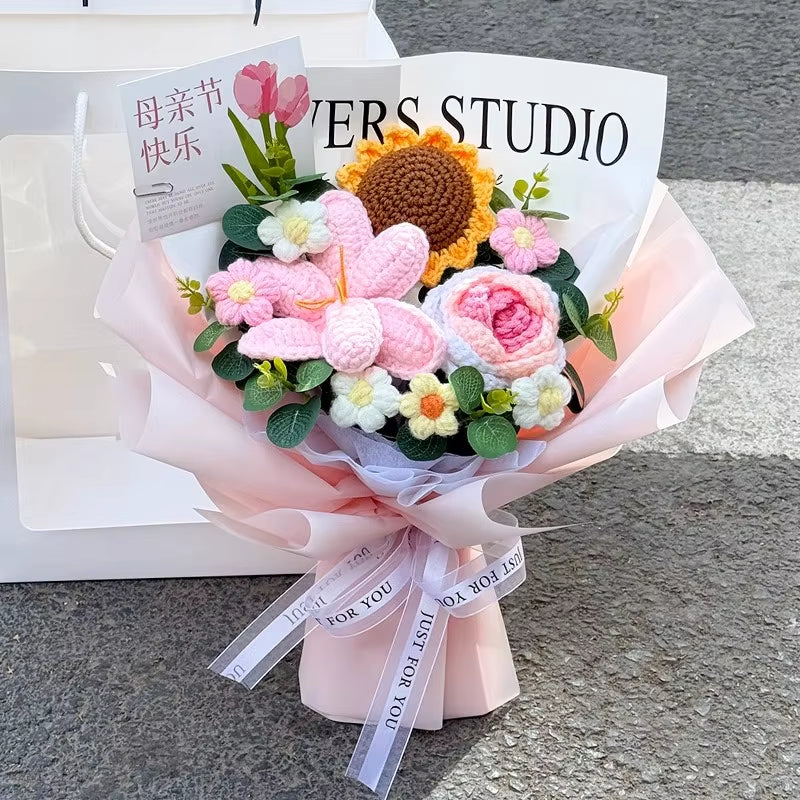 Knitted Flower Bouquet Handmade Crochet Flower Bouquet Mother'S Day Gift Finished Hand-Woven Flower Birthday Valentines Day Gift