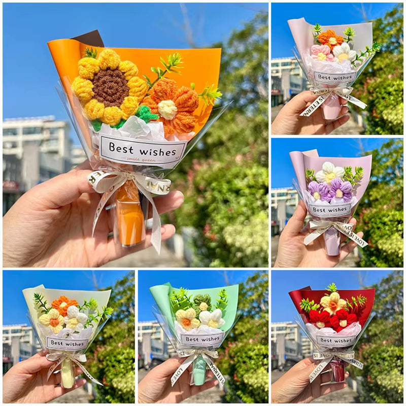 Mini Crochet Flowers Artificial Flower Bouquet Handmade Knitted Flowers Bouquet for Wedding Party Decor Valentine'S Day Gift