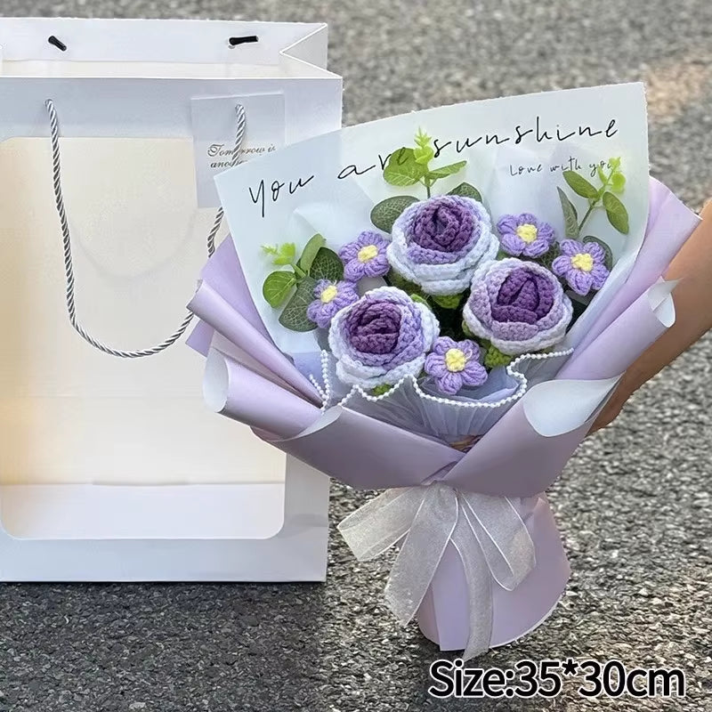 Knitted Flower Bouquet Handmade Crochet Flower Bouquet Mother'S Day Gift Finished Hand-Woven Flower Birthday Valentines Day Gift