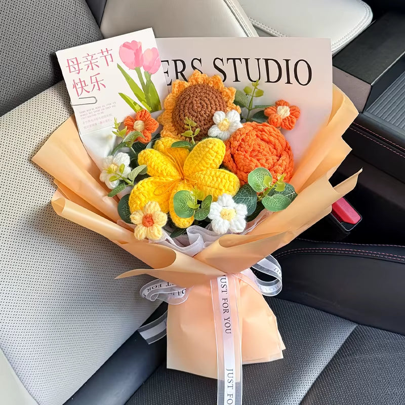 Knitted Flower Bouquet Handmade Crochet Flower Bouquet Mother'S Day Gift Finished Hand-Woven Flower Birthday Valentines Day Gift