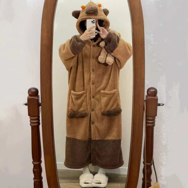 Miniso Kawaii Capybara Soft Plush Jumpsuit Velvet Pajama Night Robe Cosplay Suit for Adults Warm Winter Animal Print Gift