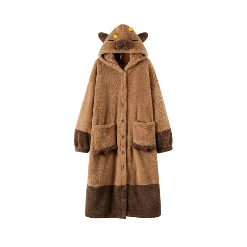 Miniso Kawaii Capybara Soft Plush Jumpsuit Velvet Pajama Night Robe Cosplay Suit for Adults Warm Winter Animal Print Gift