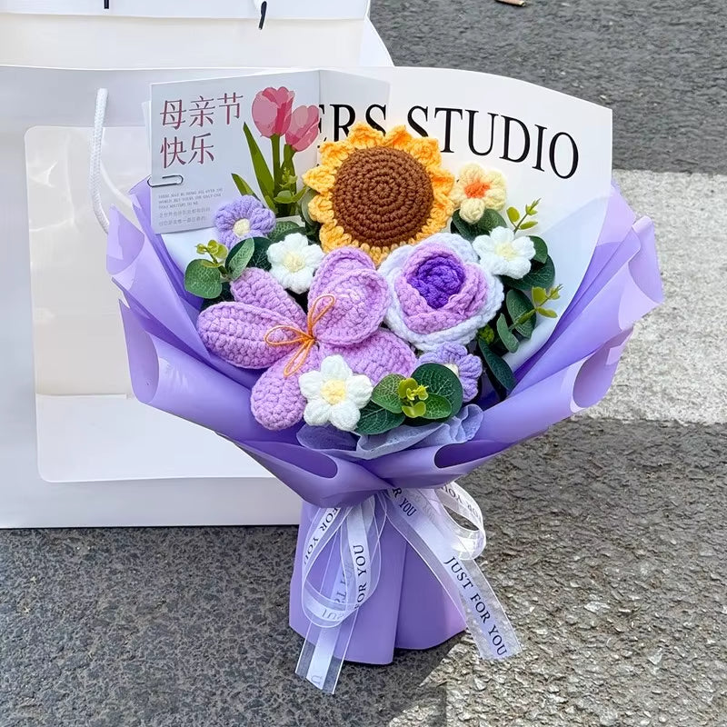 Knitted Flower Bouquet Handmade Crochet Flower Bouquet Mother'S Day Gift Finished Hand-Woven Flower Birthday Valentines Day Gift
