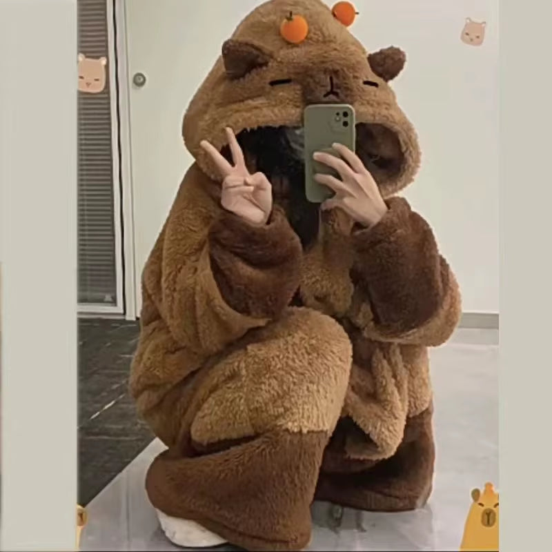 Miniso Kawaii Capybara Soft Plush Jumpsuit Velvet Pajama Night Robe Cosplay Suit for Adults Warm Winter Animal Print Gift