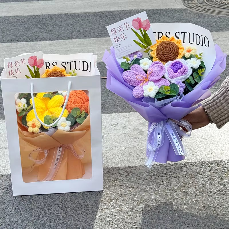 Knitted Flower Bouquet Handmade Crochet Flower Bouquet Mother'S Day Gift Finished Hand-Woven Flower Birthday Valentines Day Gift