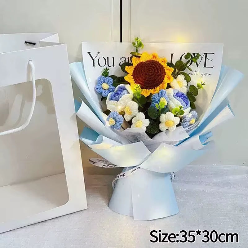 Knitted Flower Bouquet Handmade Crochet Flower Bouquet Mother'S Day Gift Finished Hand-Woven Flower Birthday Valentines Day Gift