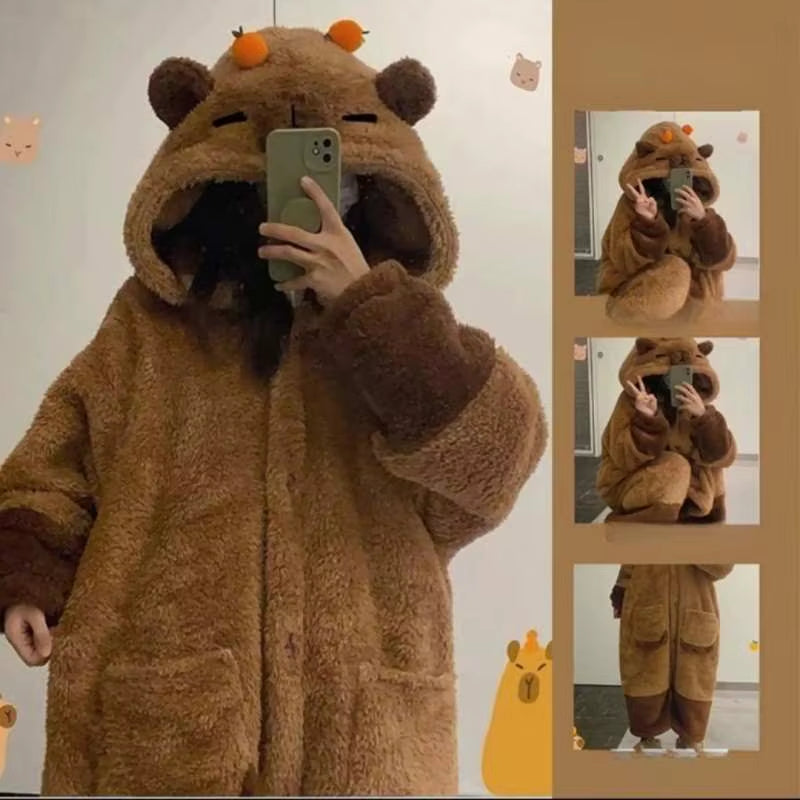Miniso Kawaii Capybara Soft Plush Jumpsuit Velvet Pajama Night Robe Cosplay Suit for Adults Warm Winter Animal Print Gift