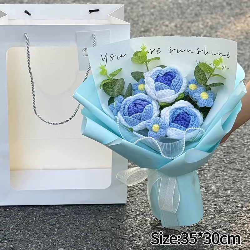 Knitted Flower Bouquet Handmade Crochet Flower Bouquet Mother'S Day Gift Finished Hand-Woven Flower Birthday Valentines Day Gift