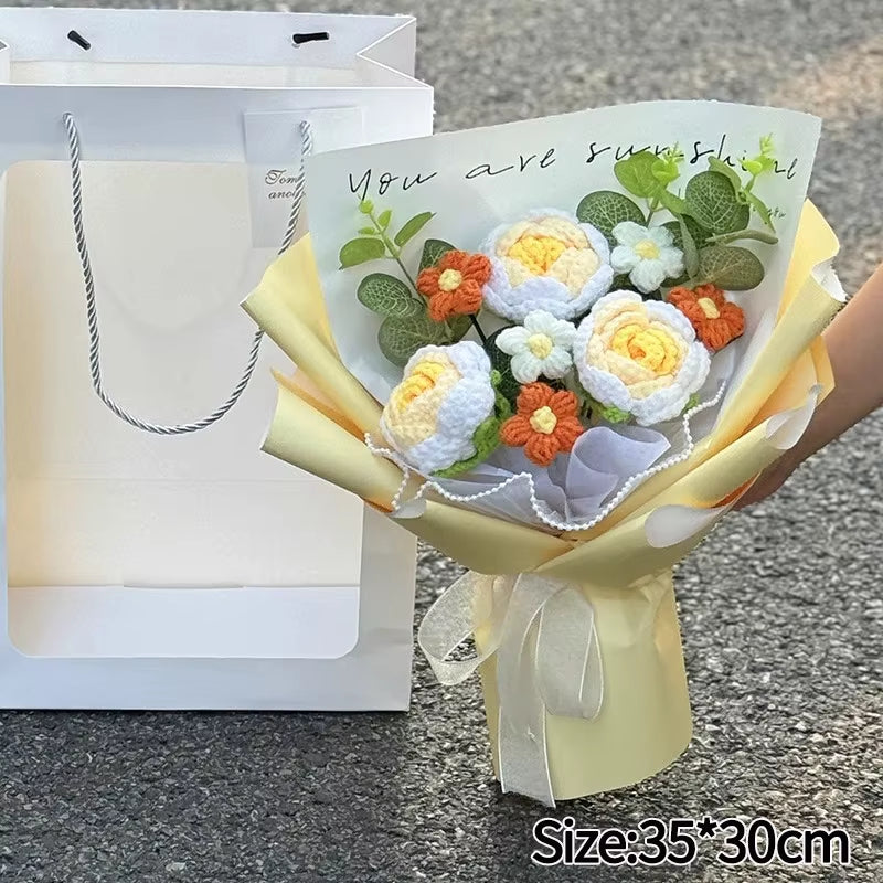 Knitted Flower Bouquet Handmade Crochet Flower Bouquet Mother'S Day Gift Finished Hand-Woven Flower Birthday Valentines Day Gift