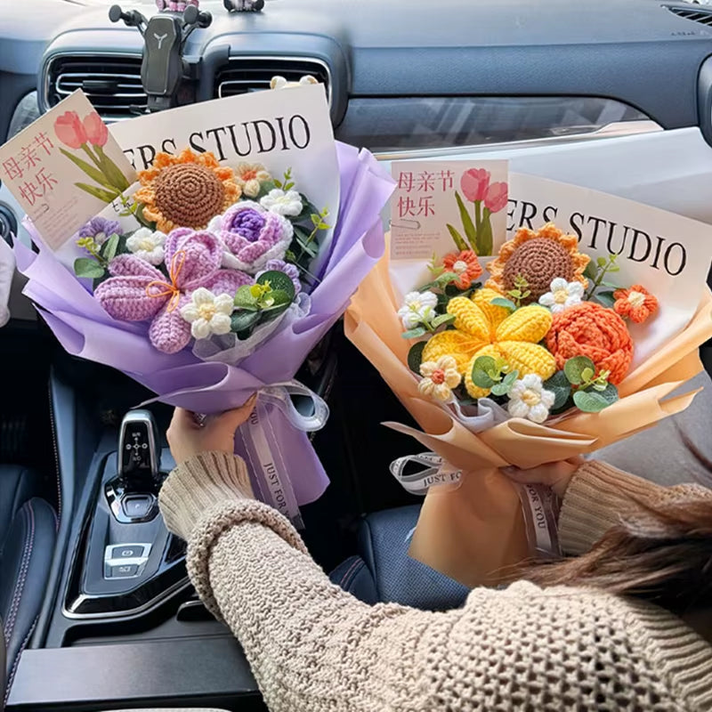 Knitted Flower Bouquet Handmade Crochet Flower Bouquet Mother'S Day Gift Finished Hand-Woven Flower Birthday Valentines Day Gift