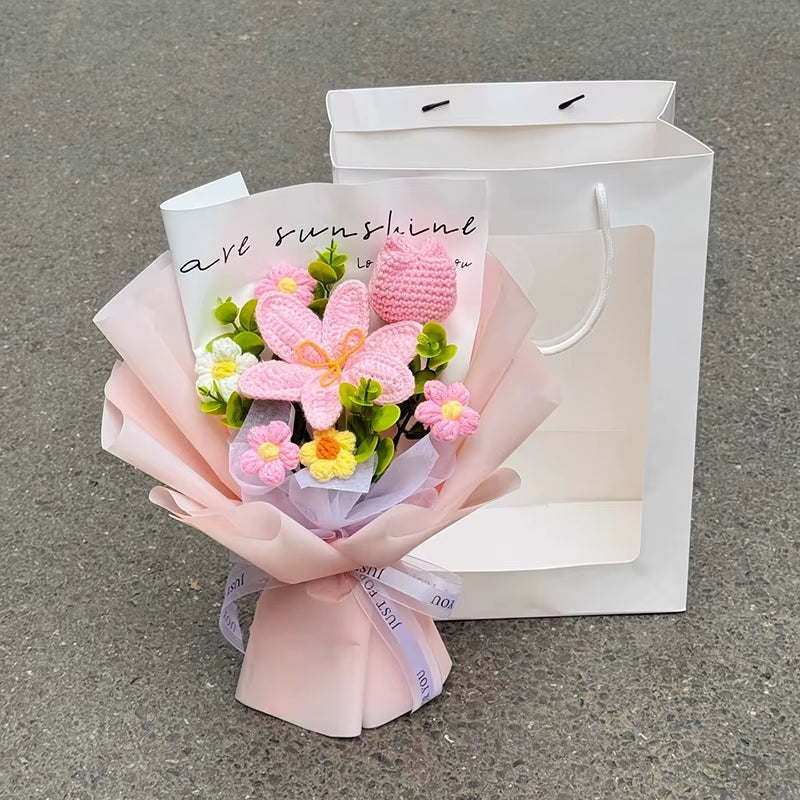 Knitted Flower Bouquet Handmade Crochet Flower Bouquet Mother'S Day Gift Finished Hand-Woven Flower Birthday Valentines Day Gift