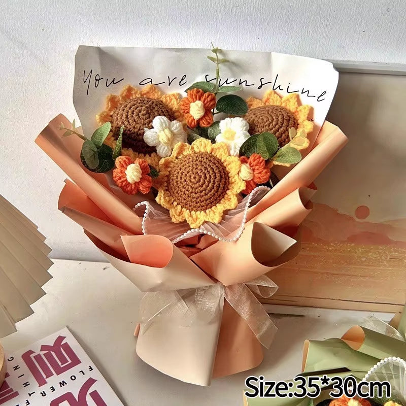 Knitted Flower Bouquet Handmade Crochet Flower Bouquet Mother'S Day Gift Finished Hand-Woven Flower Birthday Valentines Day Gift