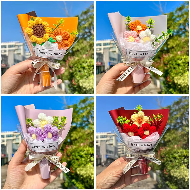 Mini Crochet Flowers Artificial Flower Bouquet Handmade Knitted Flowers Bouquet for Wedding Party Decor Valentine'S Day Gift