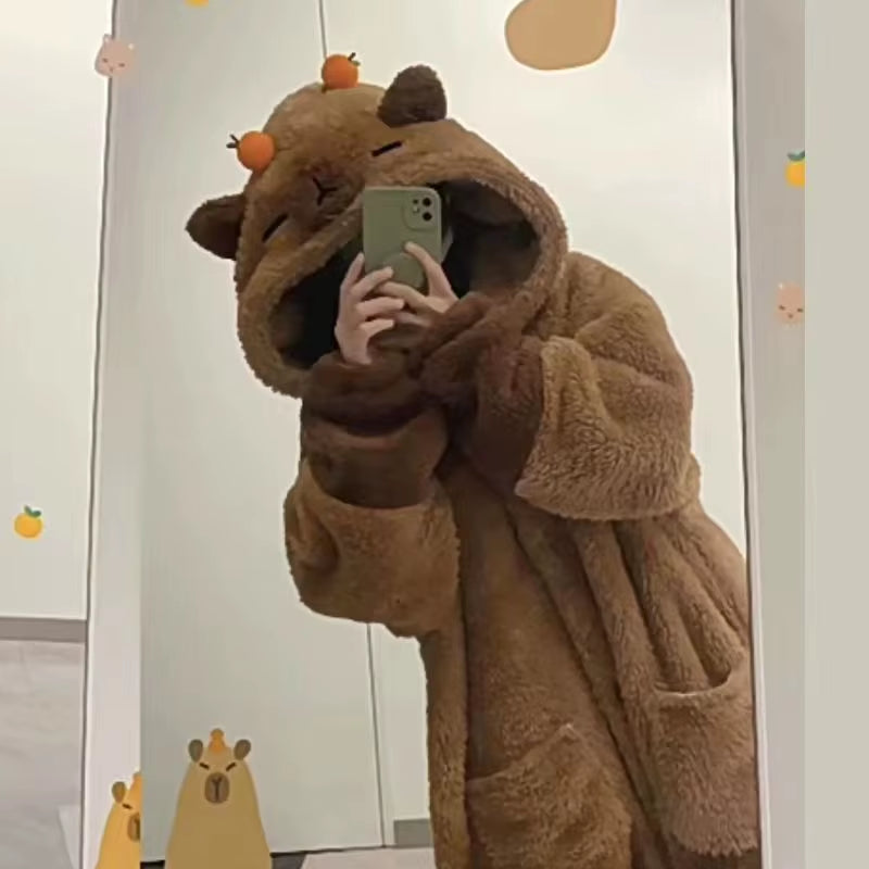 Miniso Kawaii Capybara Soft Plush Jumpsuit Velvet Pajama Night Robe Cosplay Suit for Adults Warm Winter Animal Print Gift