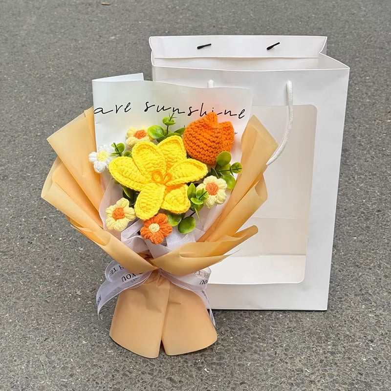 Knitted Flower Bouquet Handmade Crochet Flower Bouquet Mother'S Day Gift Finished Hand-Woven Flower Birthday Valentines Day Gift