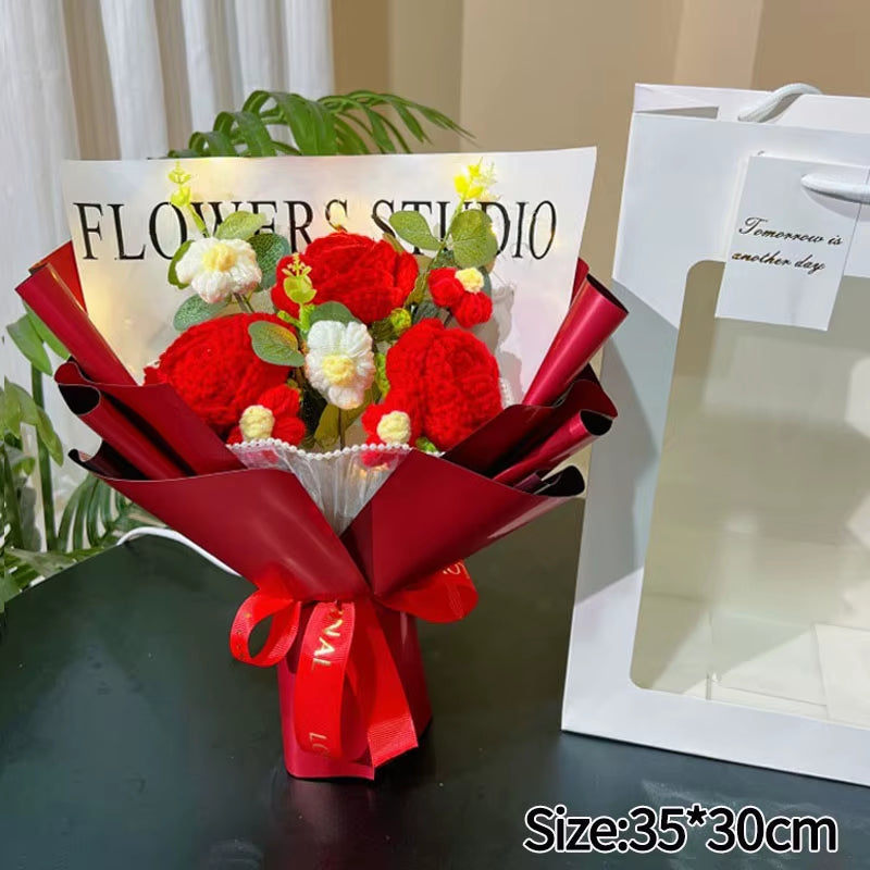 Knitted Flower Bouquet Handmade Crochet Flower Bouquet Mother'S Day Gift Finished Hand-Woven Flower Birthday Valentines Day Gift