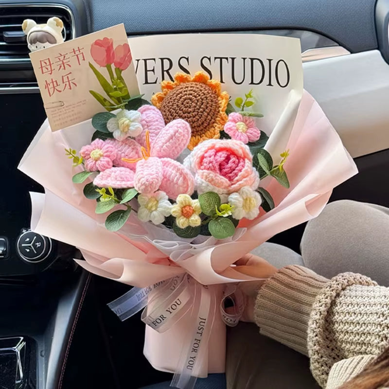 Knitted Flower Bouquet Handmade Crochet Flower Bouquet Mother'S Day Gift Finished Hand-Woven Flower Birthday Valentines Day Gift