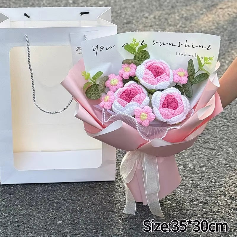 Knitted Flower Bouquet Handmade Crochet Flower Bouquet Mother'S Day Gift Finished Hand-Woven Flower Birthday Valentines Day Gift