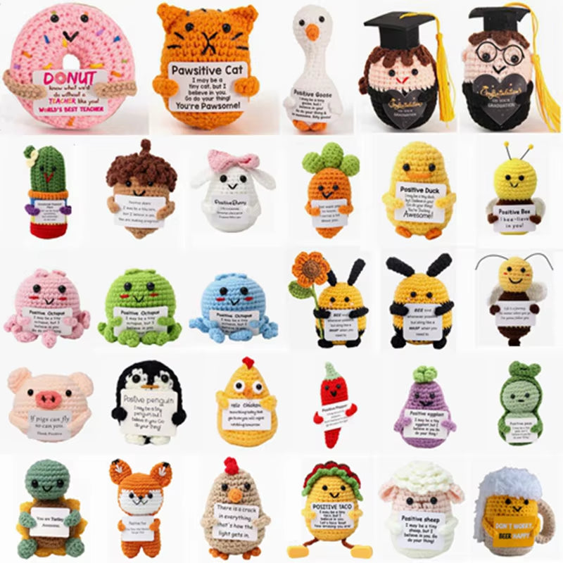 Hand-Woven Crocheted Ornaments Funny Positive Energy Vegetable Animal Doll with Hugging Card Creative Festivals Gifts Handcrafts