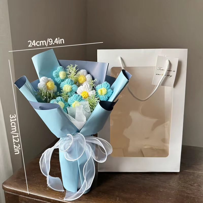 Knitted Flower Bouquet Handmade Crochet Flower Bouquet Mother'S Day Gift Finished Hand-Woven Flower Birthday Valentines Day Gift