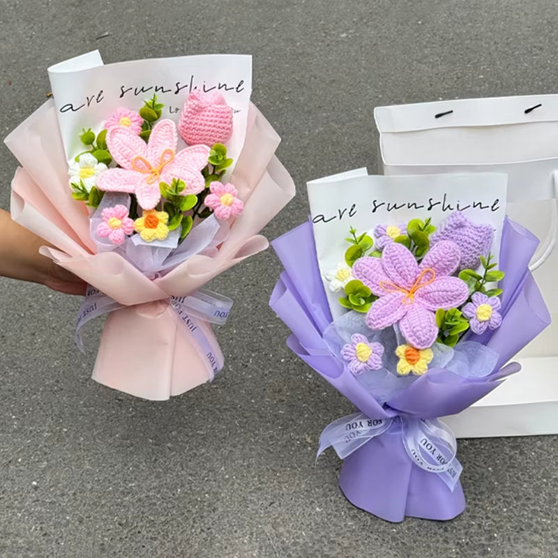 Knitted Flower Bouquet Handmade Crochet Flower Bouquet Mother'S Day Gift Finished Hand-Woven Flower Birthday Valentines Day Gift