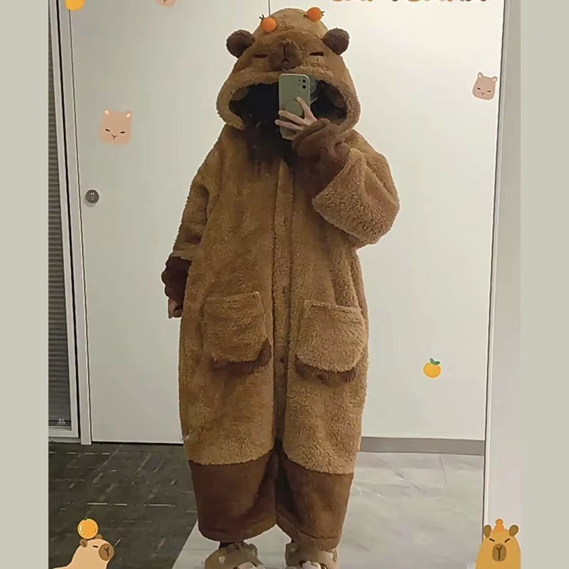 Miniso Kawaii Capybara Soft Plush Jumpsuit Velvet Pajama Night Robe Cosplay Suit for Adults Warm Winter Animal Print Gift